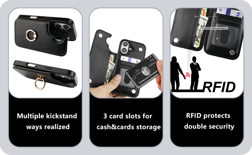 Wallet Case with Ring Holder for iPhone 16 with card holder