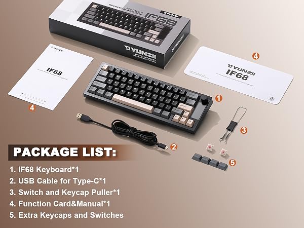 Text reads "PACKAGE LIST:" listing "1. iPro Keyboard" "2. USB Cable for Type-C" "3. Keycap and Keycap Puller" "4. Function Card/Manual" "5. Replacement Stabilizer". Mechanical keyboard with accessories and documentation displayed.