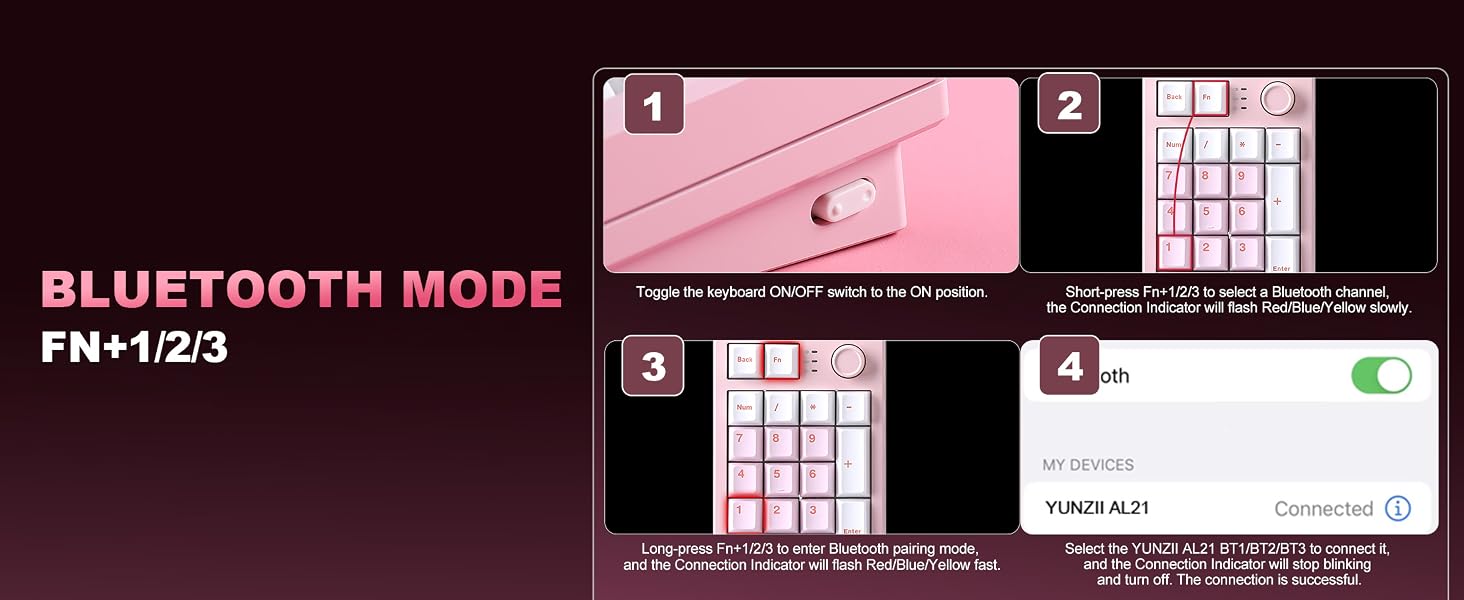 Text reads 'BLUETOOTH MODE FN+1/2/3'. Dark interface showing bluetooth connectivity mode instructions with numbered function key combinations and grid-based layout diagrams.