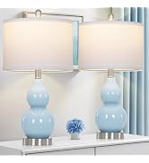 22" Double Gourd Ceramic Table Lamps Set of 2, Blue Modern Bedside Lamps for Living Room, Contemp...