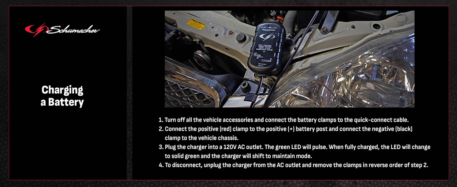How to use the SC1299 car battery charger and maintainer to charge an automobile battery.
