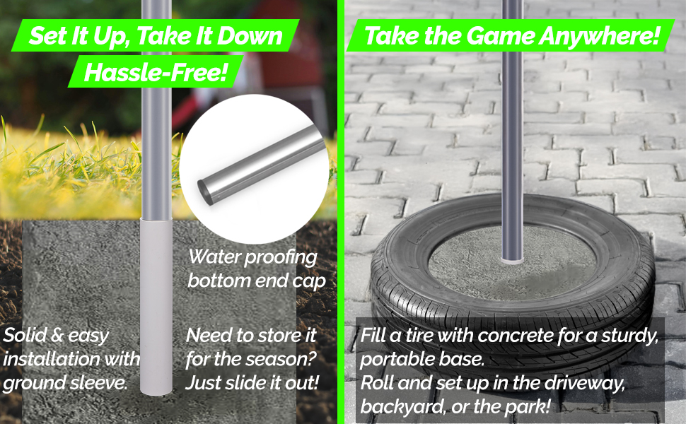 sterling sports tetherball easy set up pole permanent cement concrete base ground sleeve