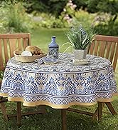 Home Bargains Plus Round Fabric Tablecloth, 70 Inch, Allure Yellow and Blue Floral Bordered Print...
