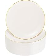 Nervure 100Pcs Ivory and Gold Plastic Plates - 10.25inch Disposable Ivory Dinner Plates - Heavy D...