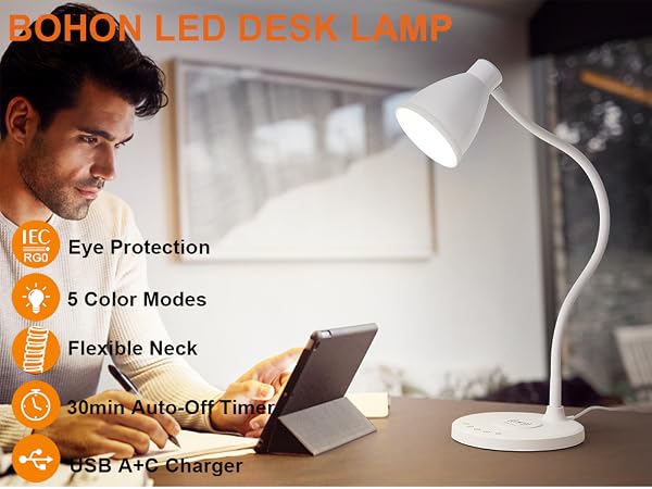 LED Desk Lamp for Home Office Light USB Charging Ports Bedside Table Lamp for College Dorm Room