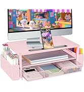 AUPSEN Pink Desk Organizers and Accessories, 2-Tier Wood Computer Monitor Stand with Drawer, Pen ...