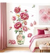 decalmile Flower Vase Wall Stickers Red Gold Peony Flower Wall Decals Bedroom Living Room Offices...