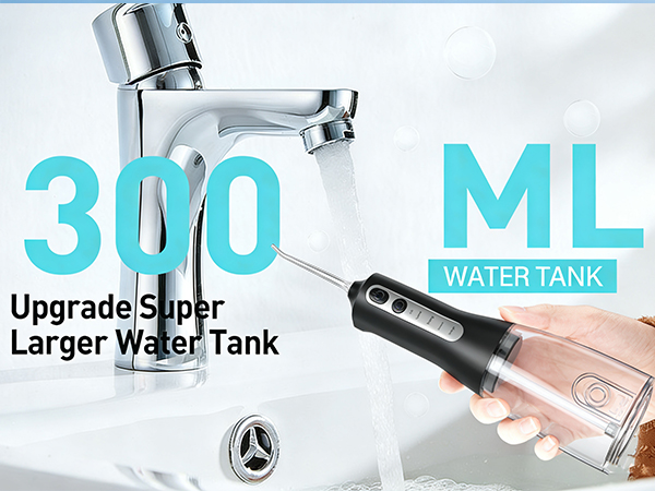 Text reads '300 ML' and 'Upgrade/Super Larger Water Tank'. Product images showing water tank components and measurements.