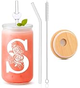 DAMCONME Personalized Gifts for Women, Initial S Glass Cup with Lid and Straw, Personalized Glass...