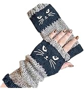Lyercw Cat Embroidery Splicing Knitted Gloves, Warm Fashion Leaky Finger Casual Women's Glove, Fi...