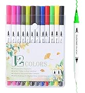 Teskyer Dual Brush Pens Markers, 12 Colors Brush & Fine Tip Art Coloring Markers for Kids Adult C...