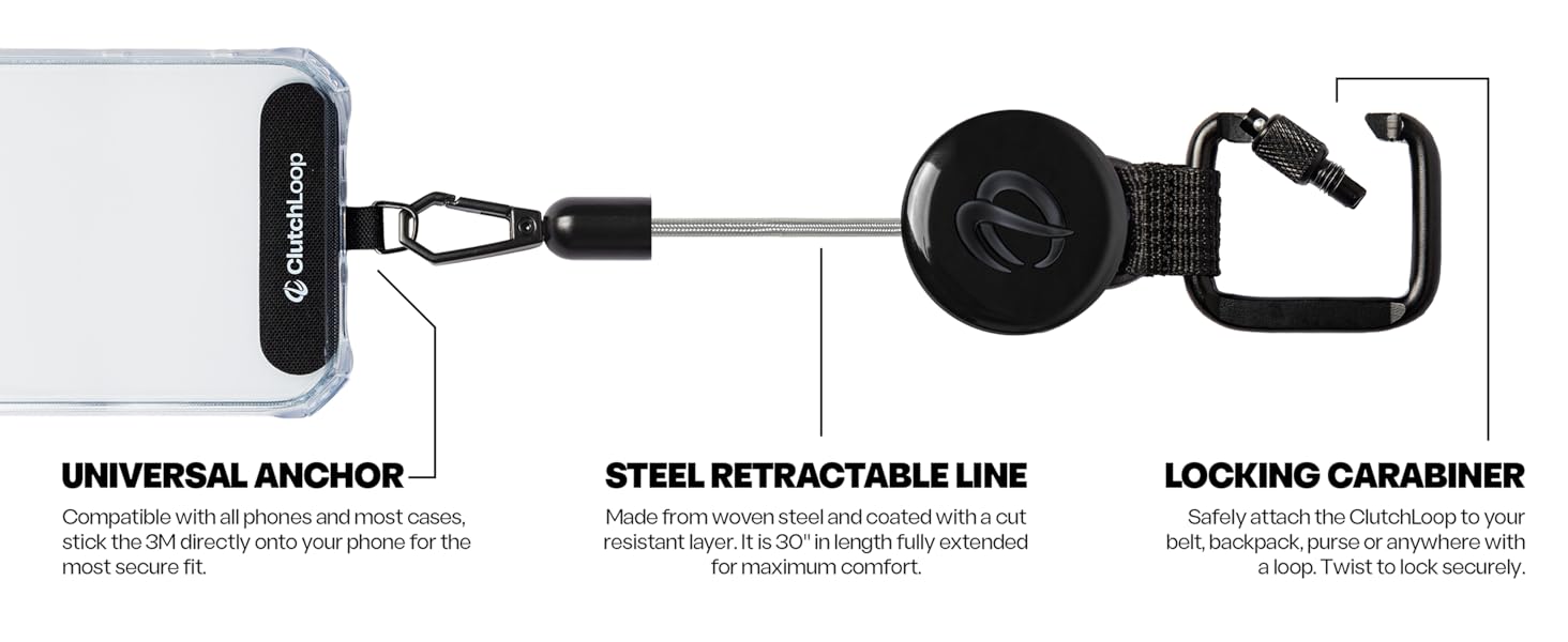 clutchloop features, locking carabiner , universal anchor, maximum security