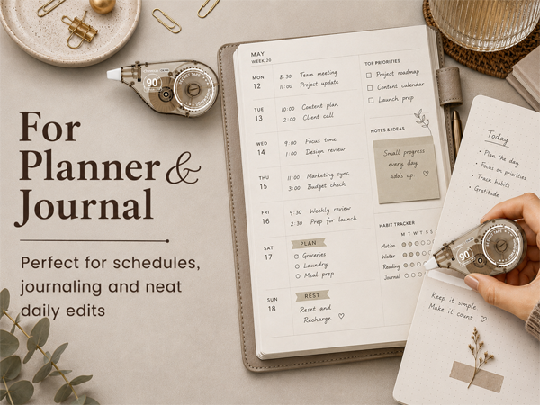 White correction tape on planner and journal pages for schedules, lists, and everyday clean edits.