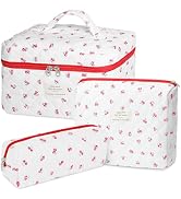 senbowe Floral Makeup Bag, 3 Pack Large Cotton Quilted Makeup Bag Set, Cute Floral Coquette Aesth...