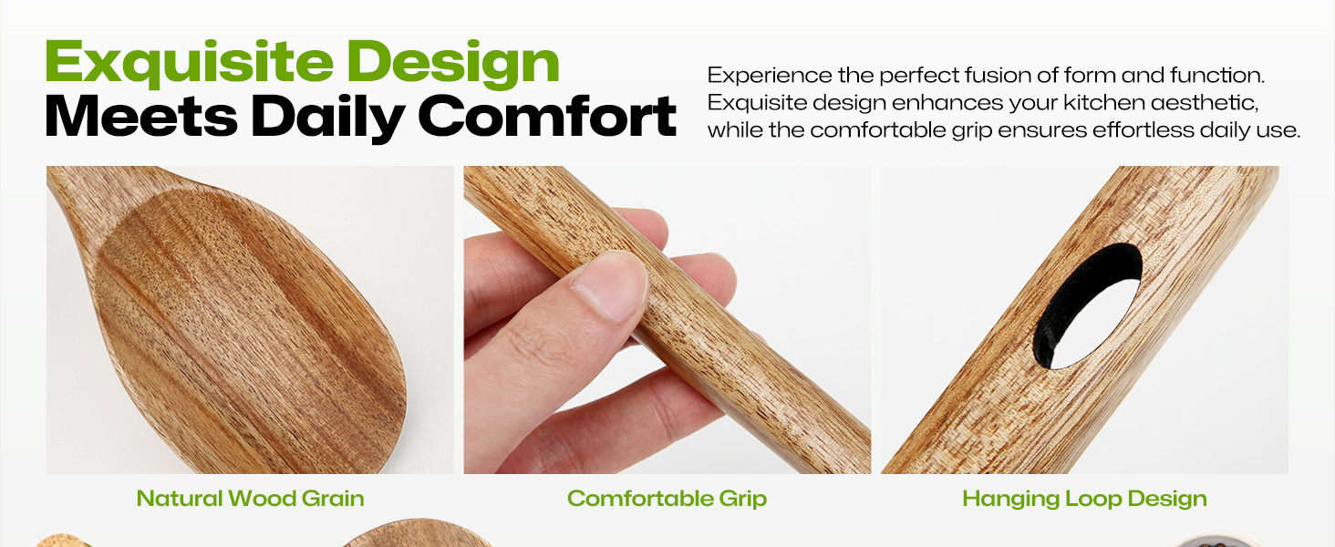 Text reads 'Exquisite Design Meets Daily Comfort' with product detail shots showing textured fabric, wooden handle, and brush applicator. Three-panel product showcase featuring quality construction and design elements.