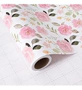 ZINTBIAL Pink Floral Wrapping Paper Roll - Watercolor Roses and Light green leaves Design, 17 Inc...