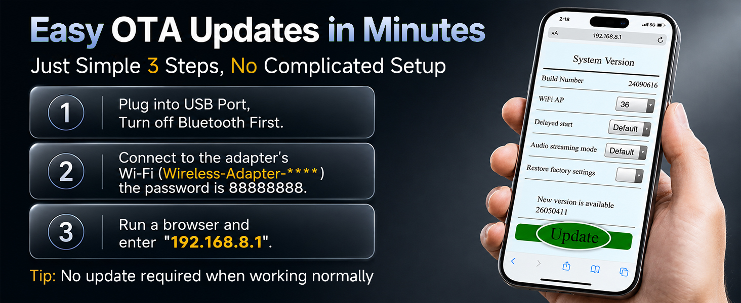 Smart in-car accessory receives firmware updates via simple browser-based three-step process