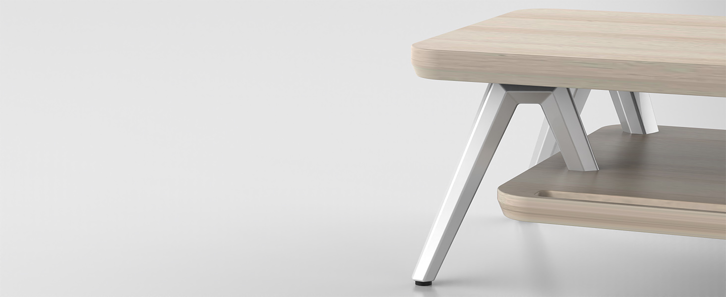 Modern coffee table with light wood top and metal legs. Two-tier design with a lower shelf. Angled legs provide stability and style.