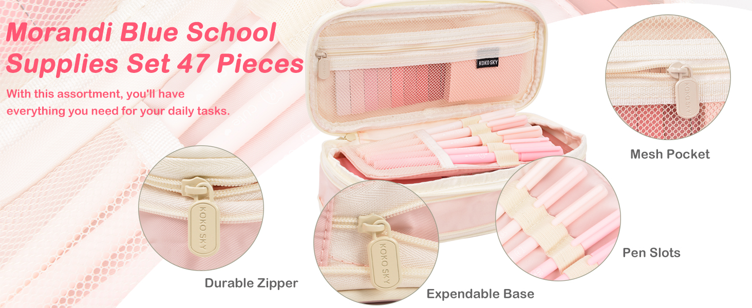Durable Zipper Expendable Base Pen Slots Mesh Pocket