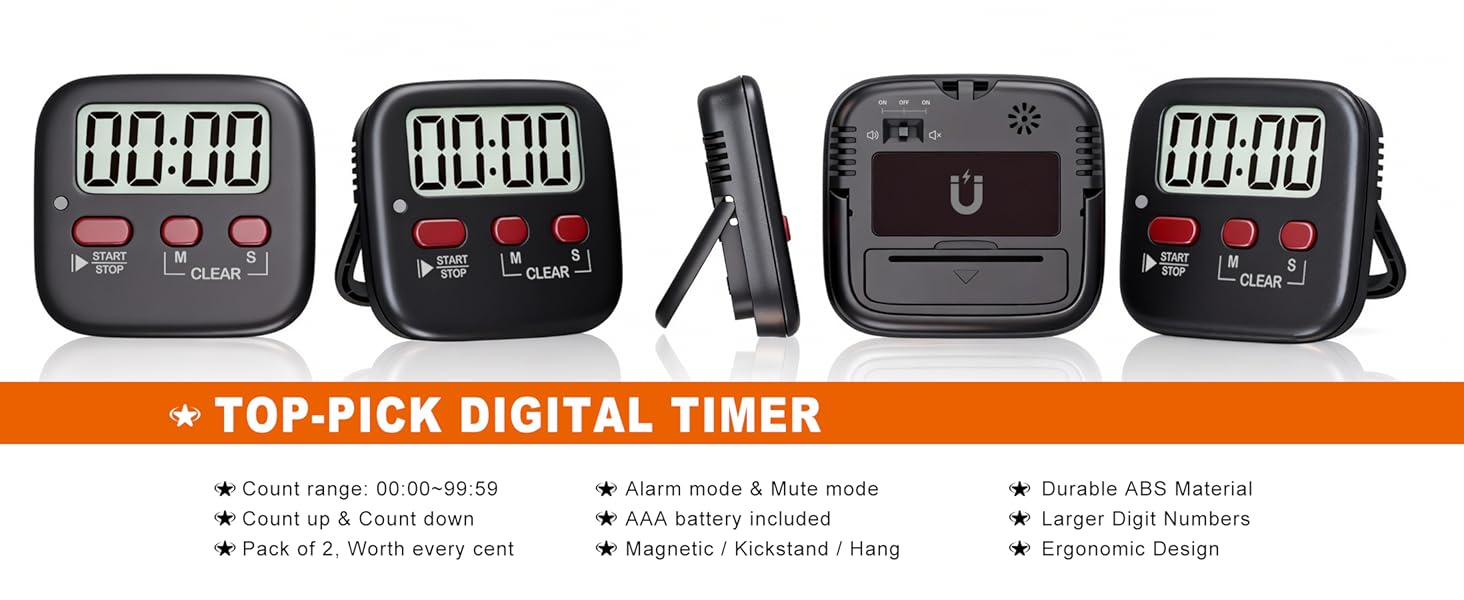 Text reads 'TOP-PICK DIGITAL TIMER'. Additional product views of the digital timer showing different angles and mounting options.