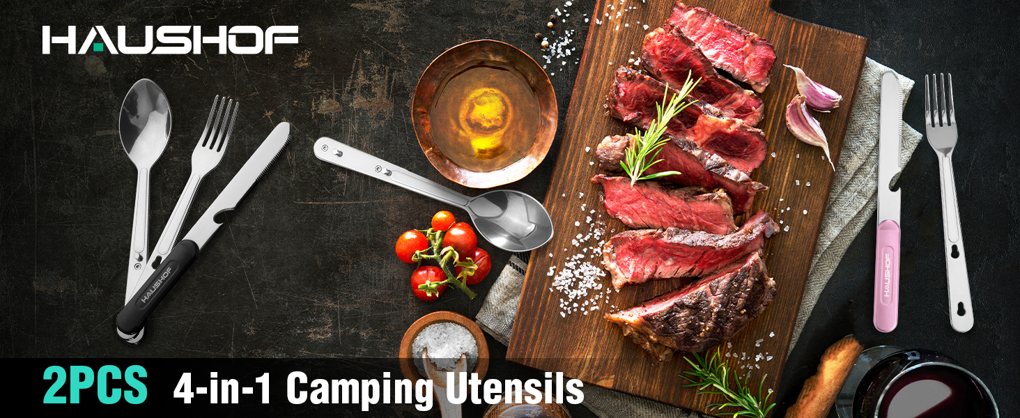 HAUSHOF 2PCS 4-in-1 Camping Utensils