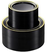 BESTVIP 200PCS Black Plastic Plate with Gold Rim, Disposable Party Plates with 100 Dinner Plates ...