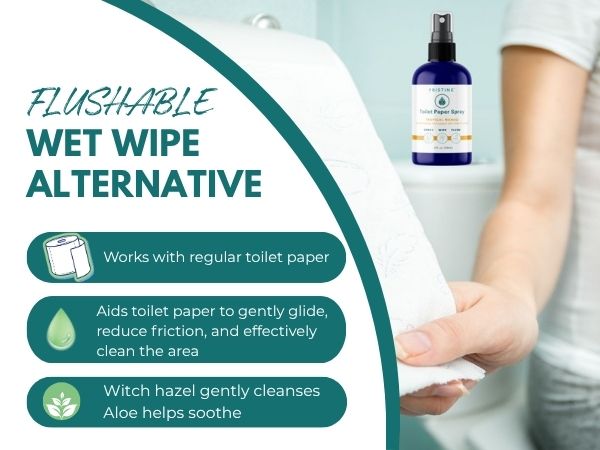 person on toilet holding toilet paper using Pristine toilet paper spray wet wipe alternative