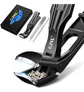 Black nail clipper with LED light, showing clipped nails in collection chamber. Includes metal file and packaging box. Brand name 'GUNI' visible on clipper.