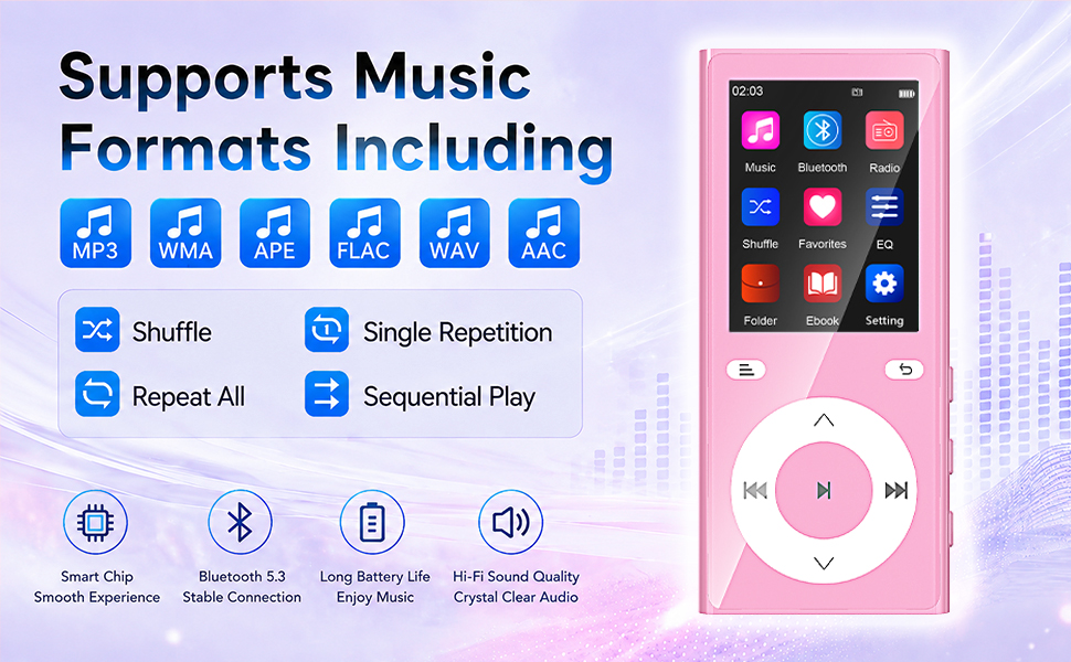Text reads 'Supports Music Formats Including', 'Shuffle', 'Single Repetition', 'Repeat All', 'Sequential Play'. Pink portable music player with circular control wheel and display screen shown against purple background with icons demonstrating supported audio formats.