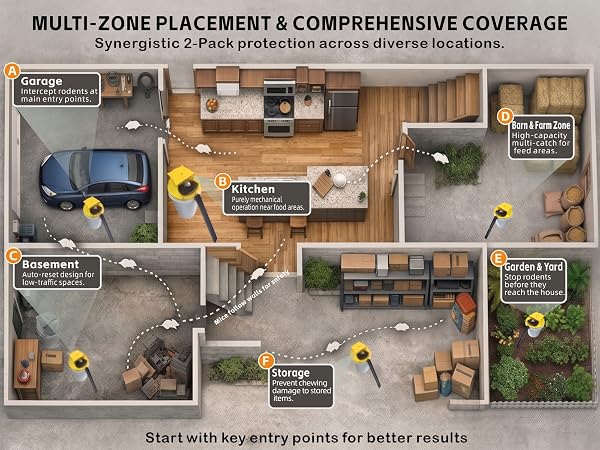 Multi-zone bucket lid mouse trap placement for garage and indoor purely mechanical catching.