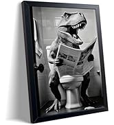 ARKZSHO Funny Dinosaur Bathroom Wall Art, Black and White T-Rex Reading Newspaper Canvas Print Po...