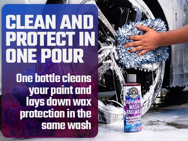 Car wash soap blended with wax to clean paint and add gloss in a single wash step.