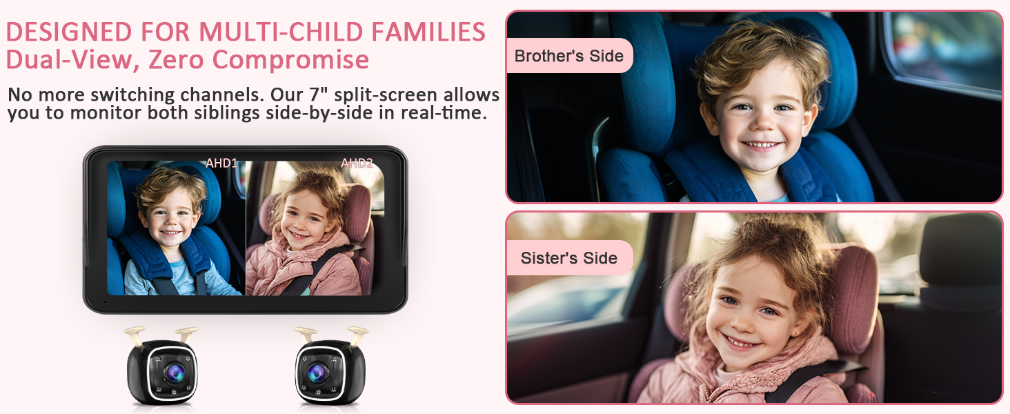 Baby Car Camera for 2 Kids - 7 Inch HD1080P Split Screen Baby Monitor with Dual Backseat Camera