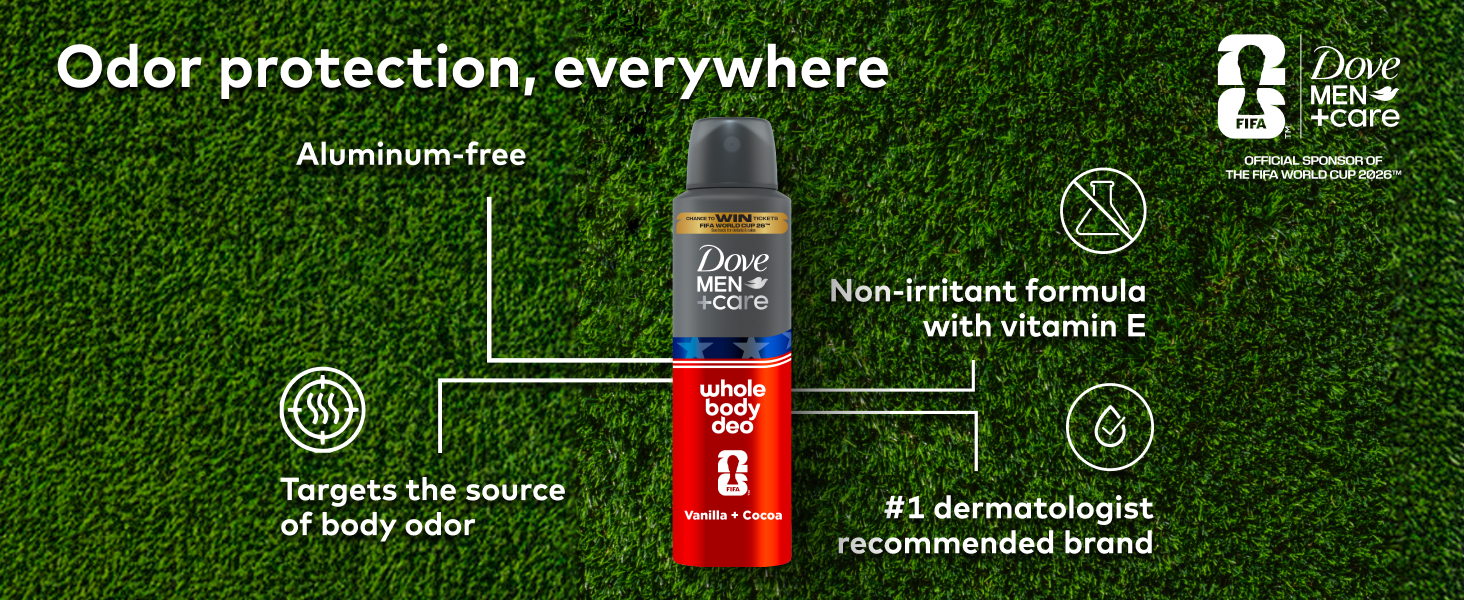 FIFA & Dove Men+Care logos, the Whole Body Deo benefits infographic (Aluminum free, Vitamin E, etc.)