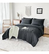 FMLIUY Double Brushed Micorfiber Queen Comforter Set Carbon Black - 7-Piece Bed in a Bag, All-Sea...