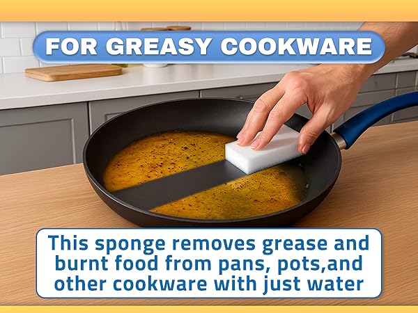 Dense melamine foam texture removes tough marks using only water, chemical-free cleaner sponge