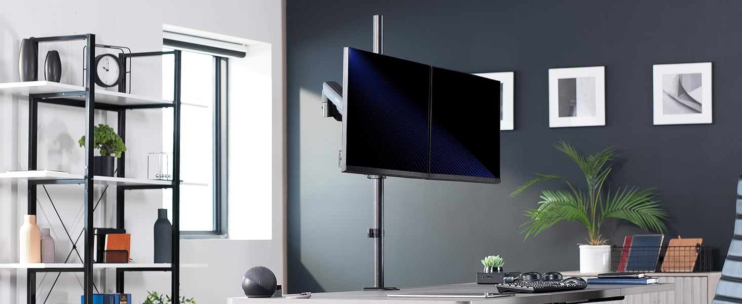 dual monitor stand vertical stack desk mount gas spring arm tall pole vesa bracket riser black
