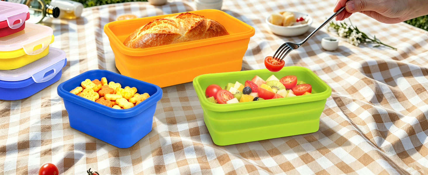Collapsible Silicone Food Storage Containers with Leak-Resistant Lids