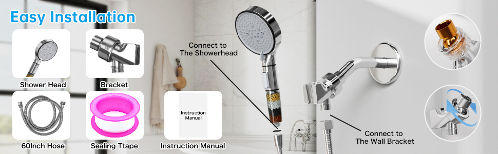 Detachable shower head installs in minutes: align and hand-tighten. Just remove the caps first