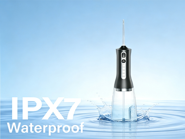 Text reads 'IPX7' and 'Waterproof'. Series of images showing a metallic electronic device against blue water background, demonstrating waterproof capabilities.
