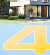 Architectural photograph of a modern residential building with wooden and dark exterior panels, large windows, surrounded by green landscaping. Large yellow number "4" overlaid on blue sky background.