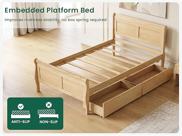 Sleigh Bedframe for Teens Adults, No Box Spring Needed (Natural)