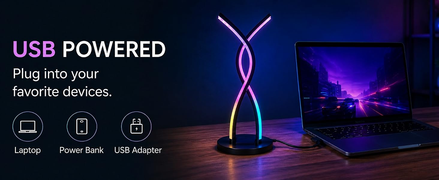 USB-powered RGB table lamp, no complicated wiring, just plug and play.