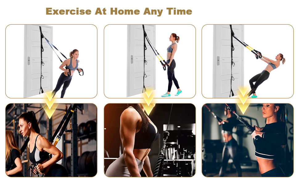 Text reads 'Exercise At Home Any Time'. Sequence of fitness demonstration images showing suspension training exercises using body weight.