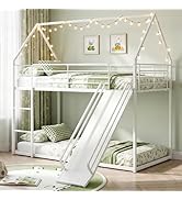 Giantex Twin Over Twin Bunk Bed with Slide & Ladder, House-Shaped Metal Bunk Bed Frame with Safet...