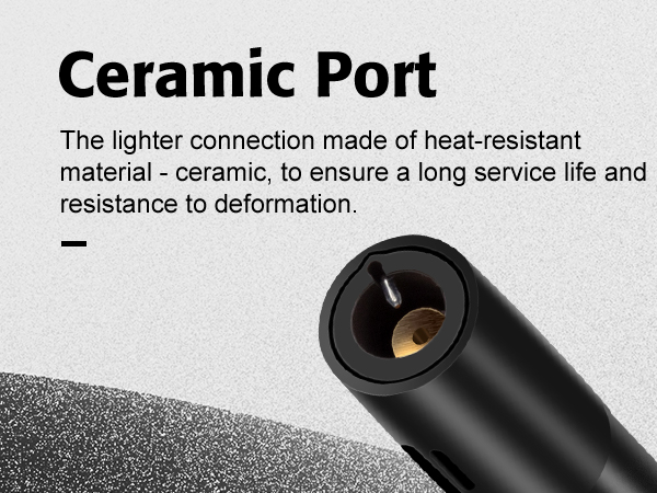 Close-up of a black ceramic port on a device. Text describes it as heat-resistant and durable, ensuring long service life and resistance to deformation.