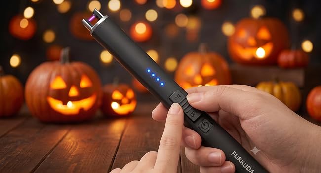 Hand holds FUKKUDA lighter, showing the On/Off safety switch for child safety and reliable use.