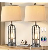 SRJJA Table Lamps for Living Room Set of 2 - Farmhouse Lamps for Night Stands with USB A+C, 3-Way...