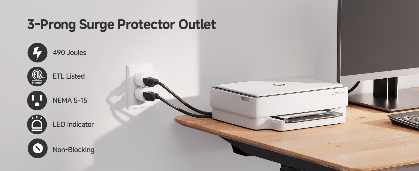 3-Pack Non-Blocking 490 Joules Single Outlet Surge Protector Outlet