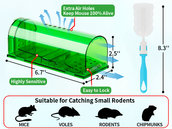 Mouse Humane No Kill Live Catch and Release Mouse Traps, Reusable with Cleaning Brush